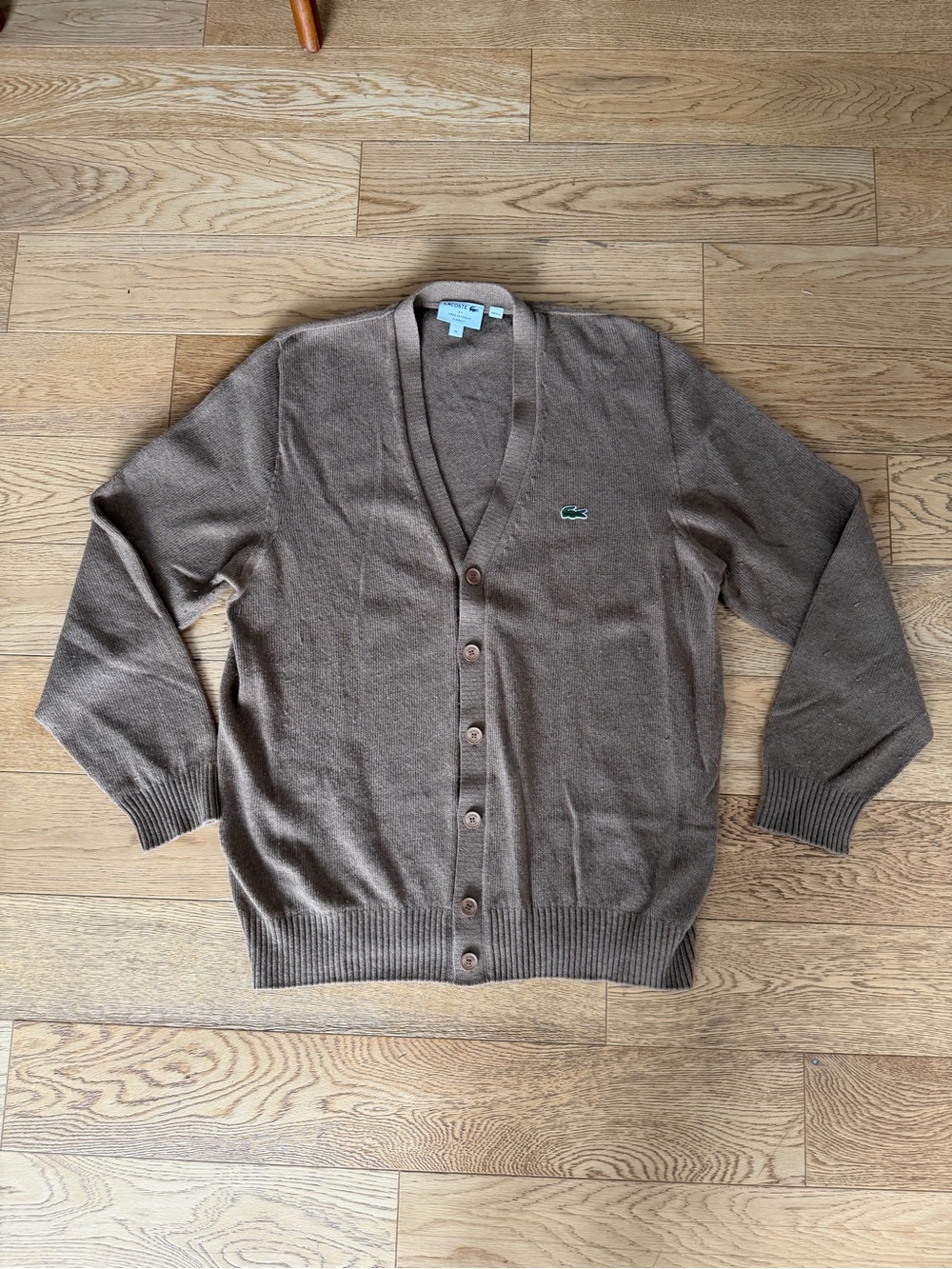 Lacoste Oatmeal V-Neck Cardigan Retro Tennis US Open Paris Cashmere Luxury